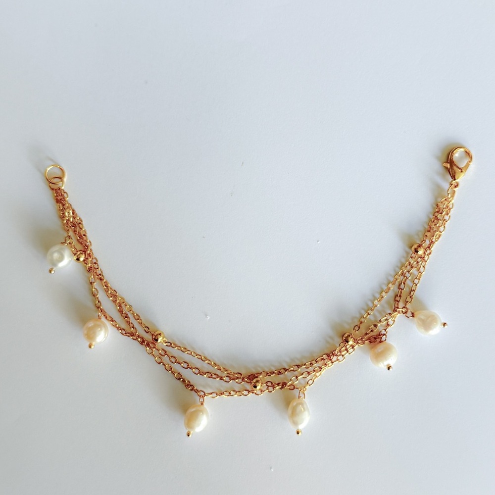 18K Yellow Gold Plated Beaded Chain And Freshwater Pearl Triple Chain Bracelet - Picture 2 of 3